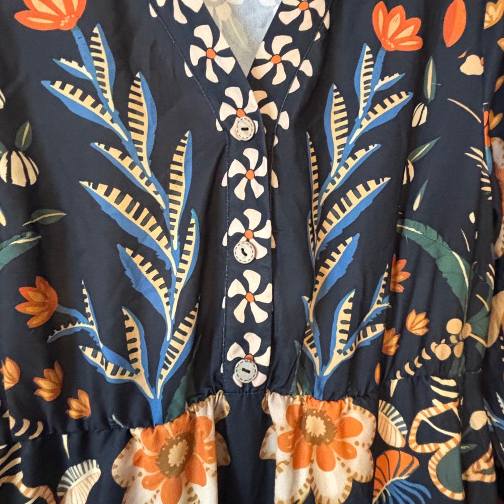 BloomChic Navy Floral Bird Print Midi Dress Long Sleeve Pockets Womens Size 10 - Picture 6 of 11